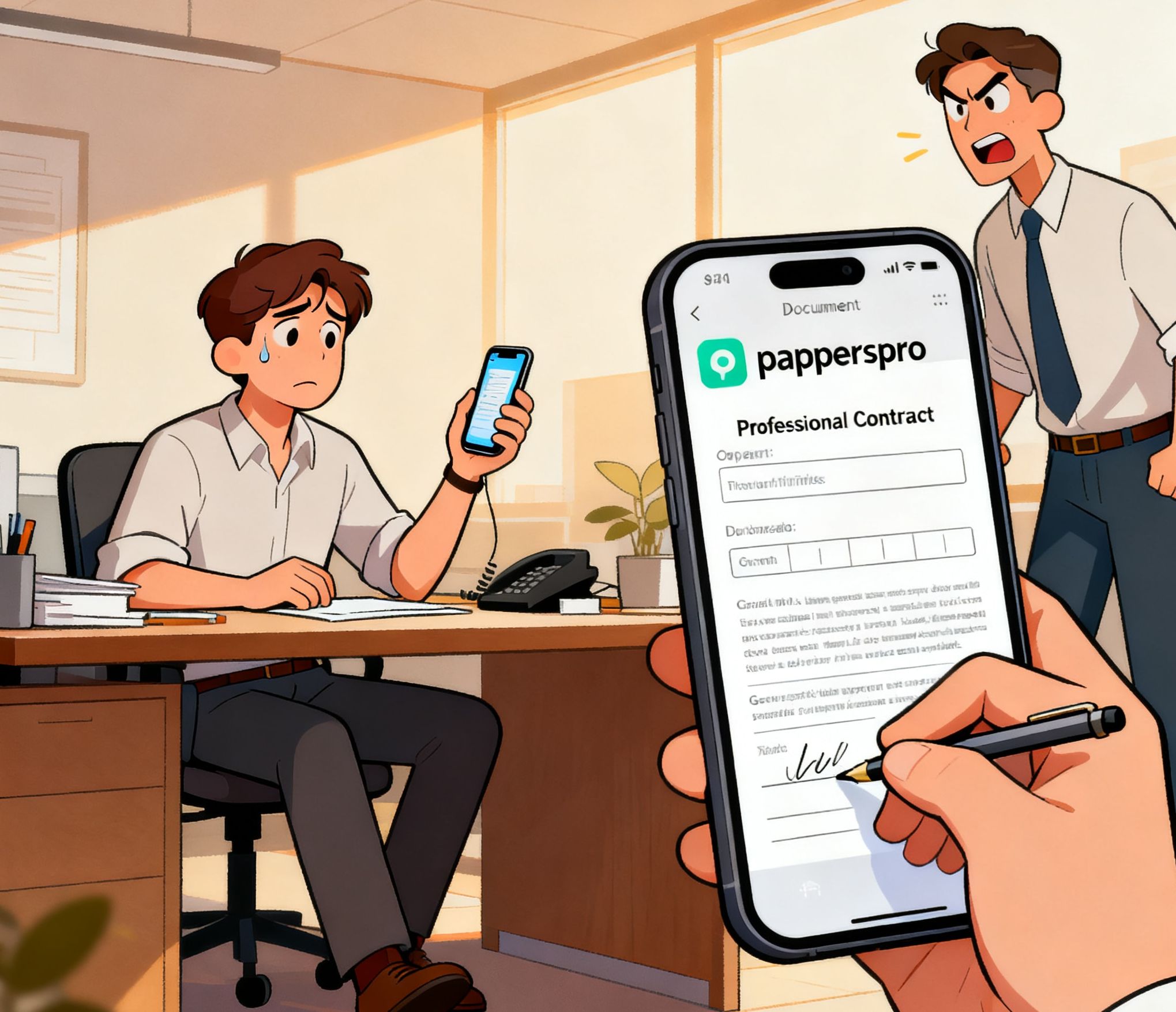 Empresário usando Pappers Pro no celular para assinar contrato